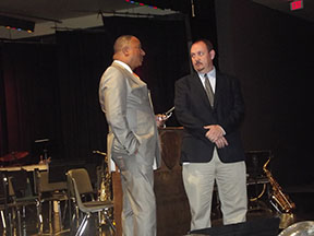 Superintendent Stephen Peters speaks with new LDHS Principal Chris Moore before introducing Moore to the LDHS faculty.