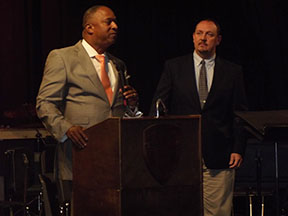 Superintendent Stephen Peters introduces incoming LDHS Principal Chris Moore to the school's faculty and staff. 
