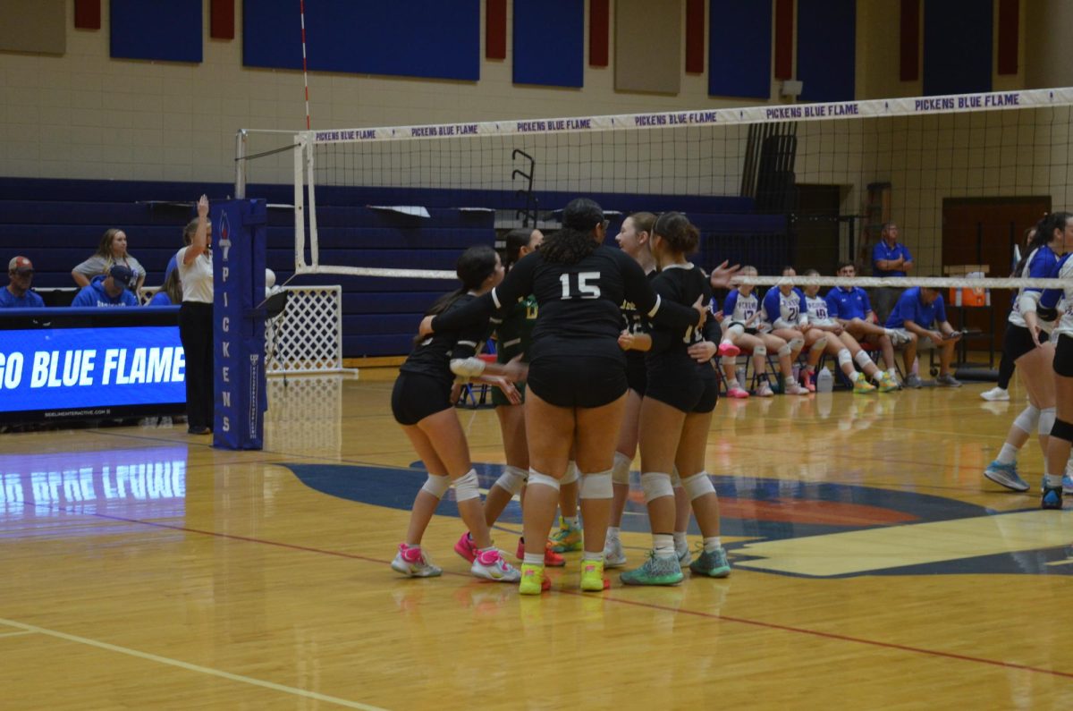The Varsity Girls’ Volleyball team celebrates the season after the first round of Region playoffs.