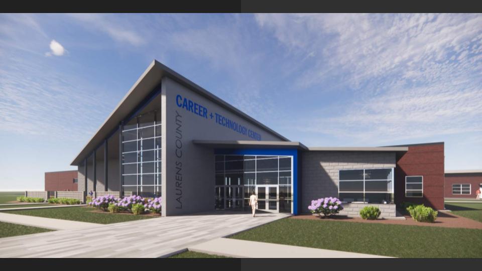 This architect’s rendering shows the front of the proposed CTE Center. Construction is delayed due to funding.