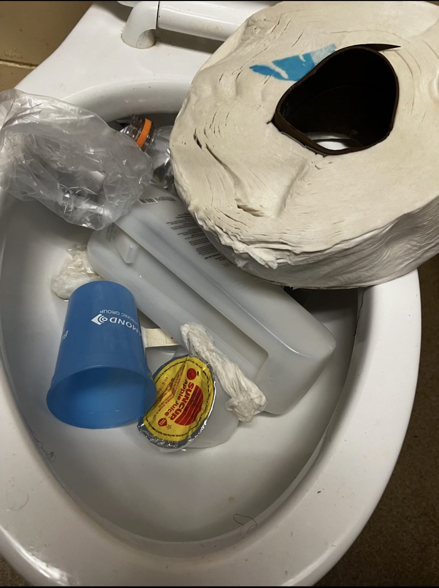 Students threw trash, a toilet paper roll that they ripped out of its housing and a soap dispenser into a school toilet.